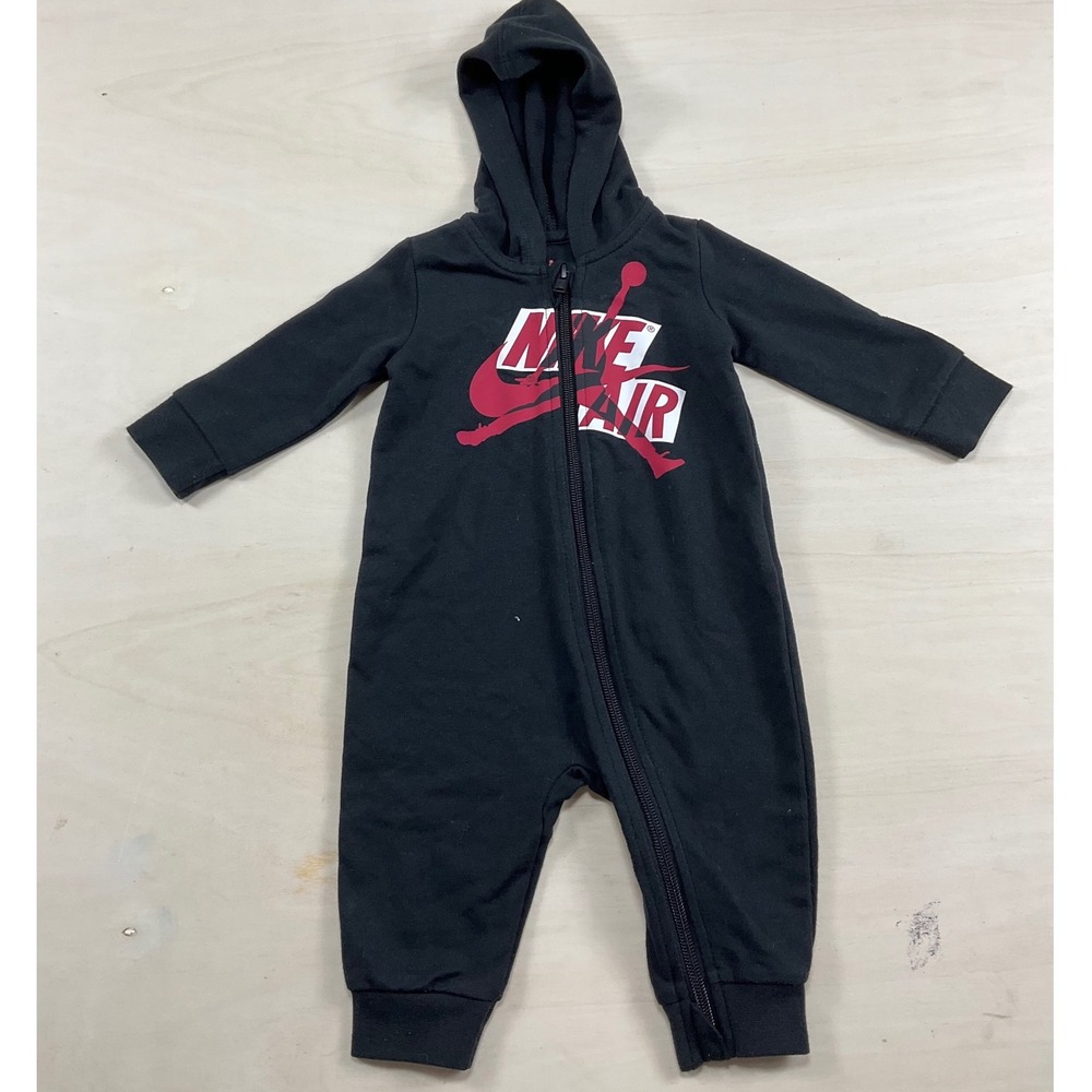 Jordan Nike Air Infant Hooded Coverall Black Red Jumpman Bodysuit 6M 3-6M